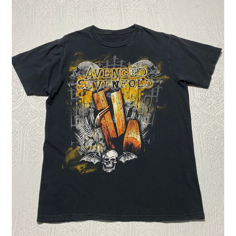 Avenged Sevenfold Men Black Graphic T-Shirt Skulls Deathbat Band Tee M Cemetery